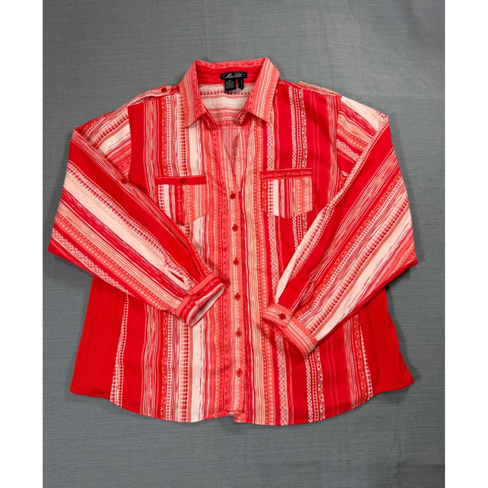 Miss Lilli Red White Geometric Stripe Roll Tab Sleeve Button Up Shirt Plus 3X